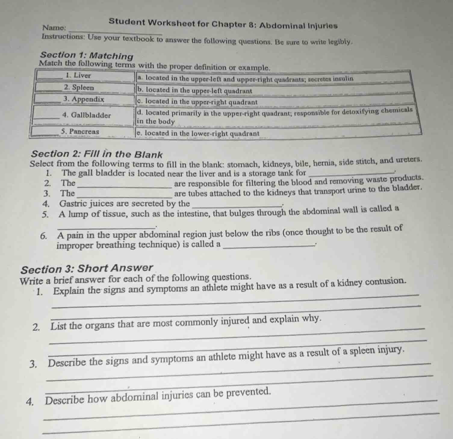 student worksheet for chapter 8: abdominal injuries name: instructions:…