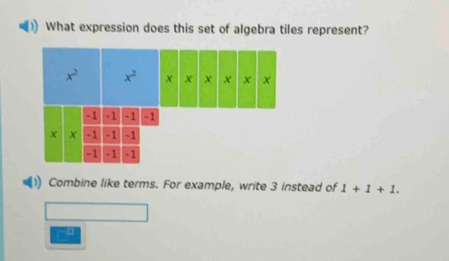 what expression does this set of algebra tiles represent? image of alge…