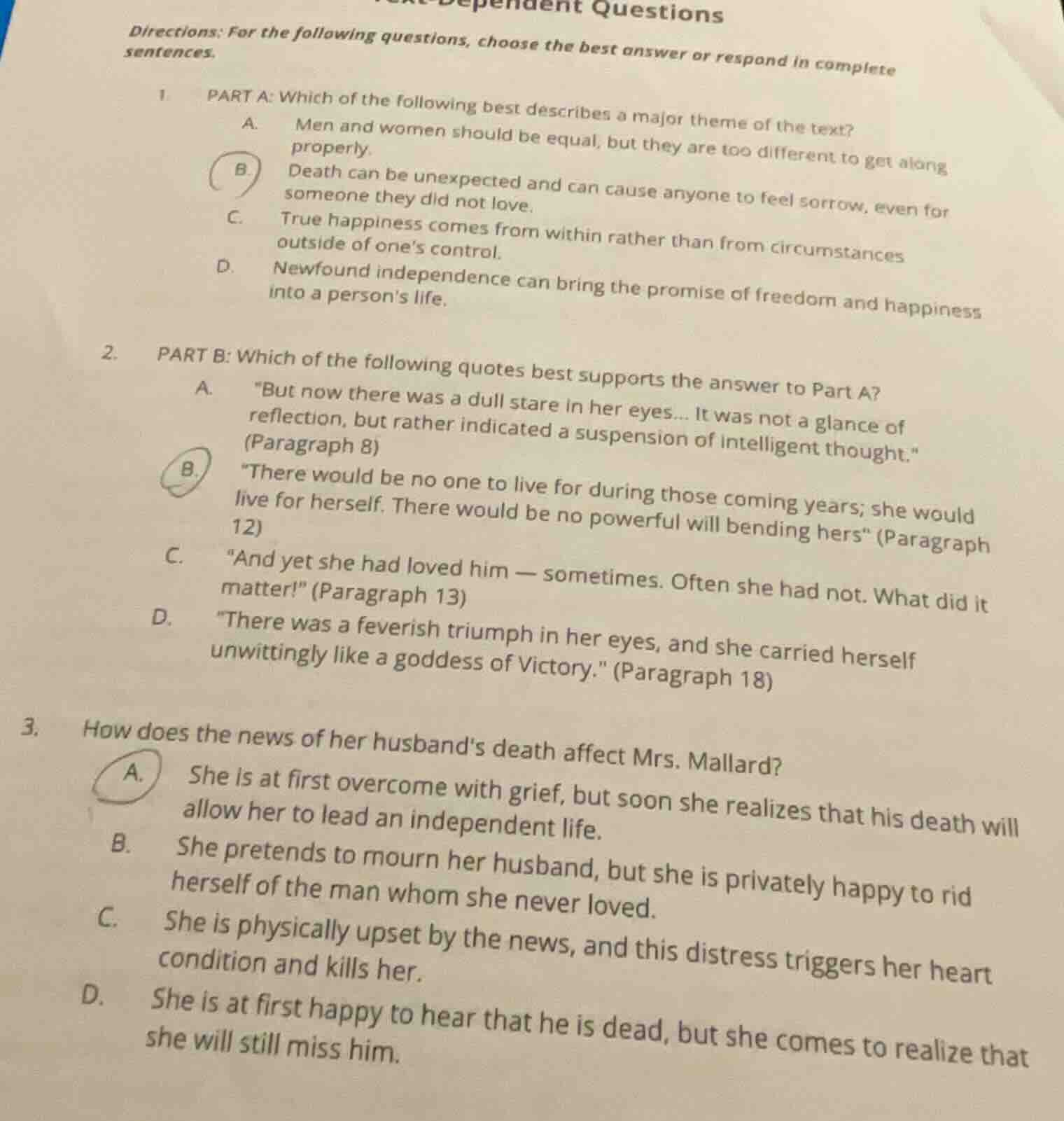 text - dependent questions directions: for the following questions, cho…