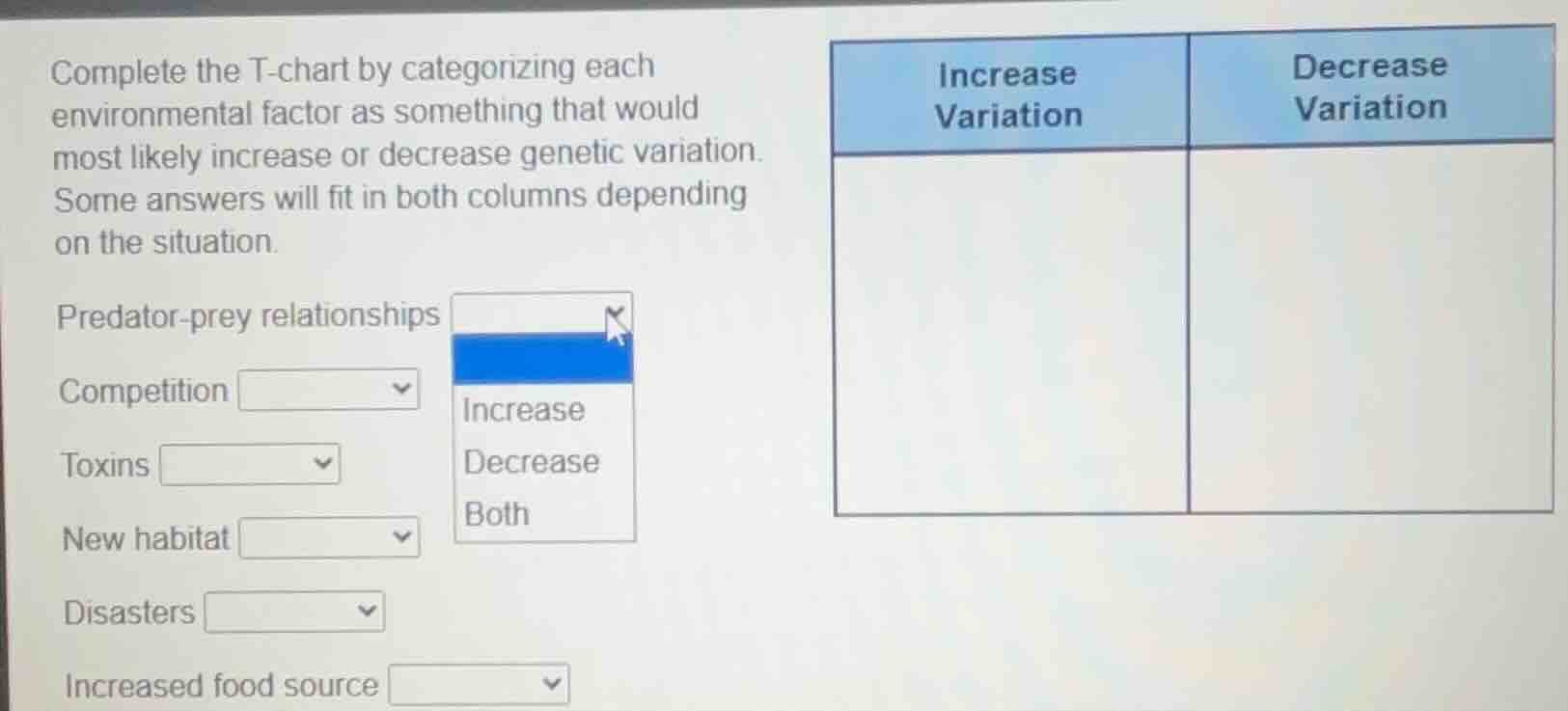complete the t-chart by categorizing each environmental factor as somet…