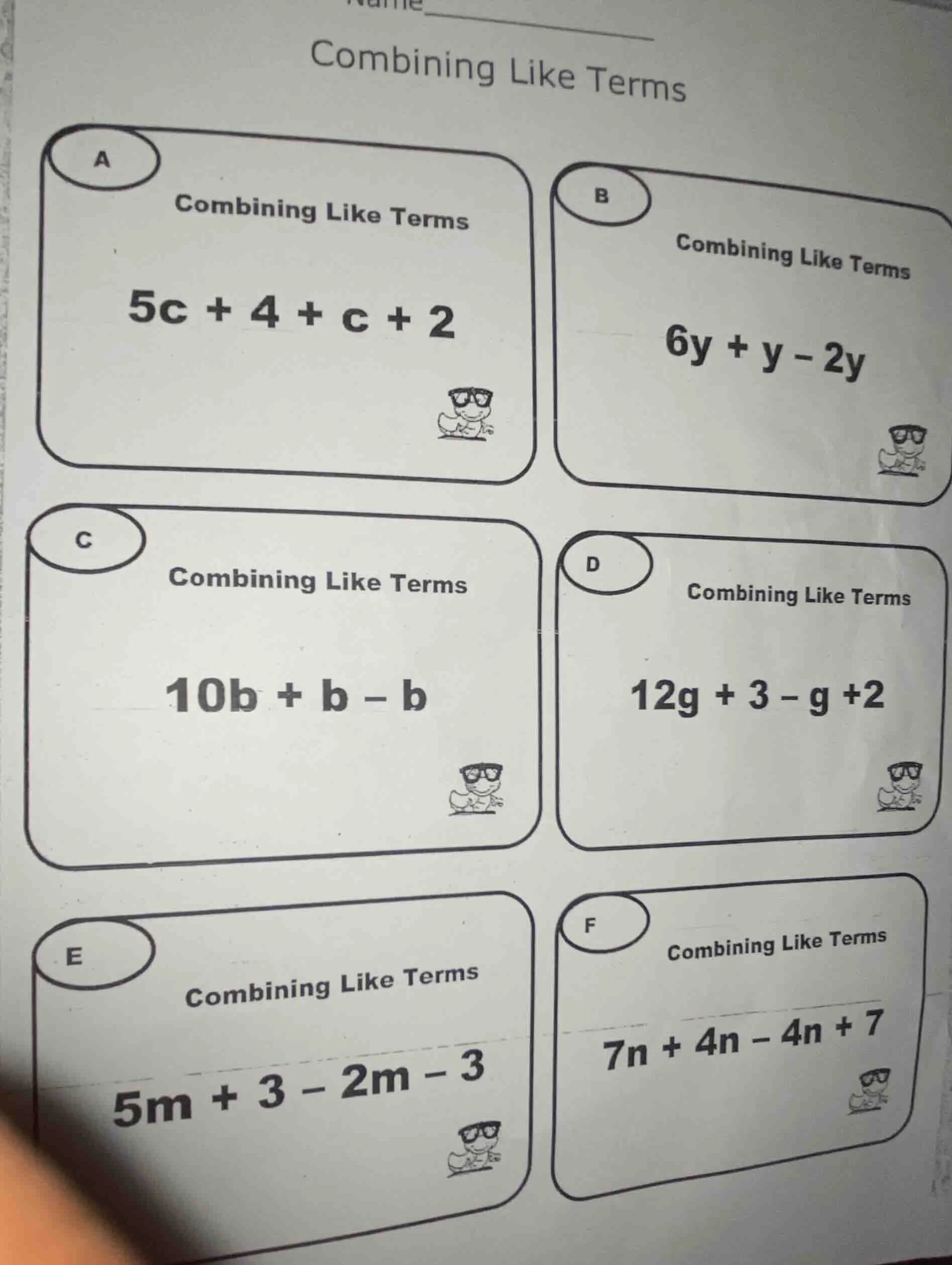 name combining like terms a combining like terms 5c + 4 + c + 2 b combi…