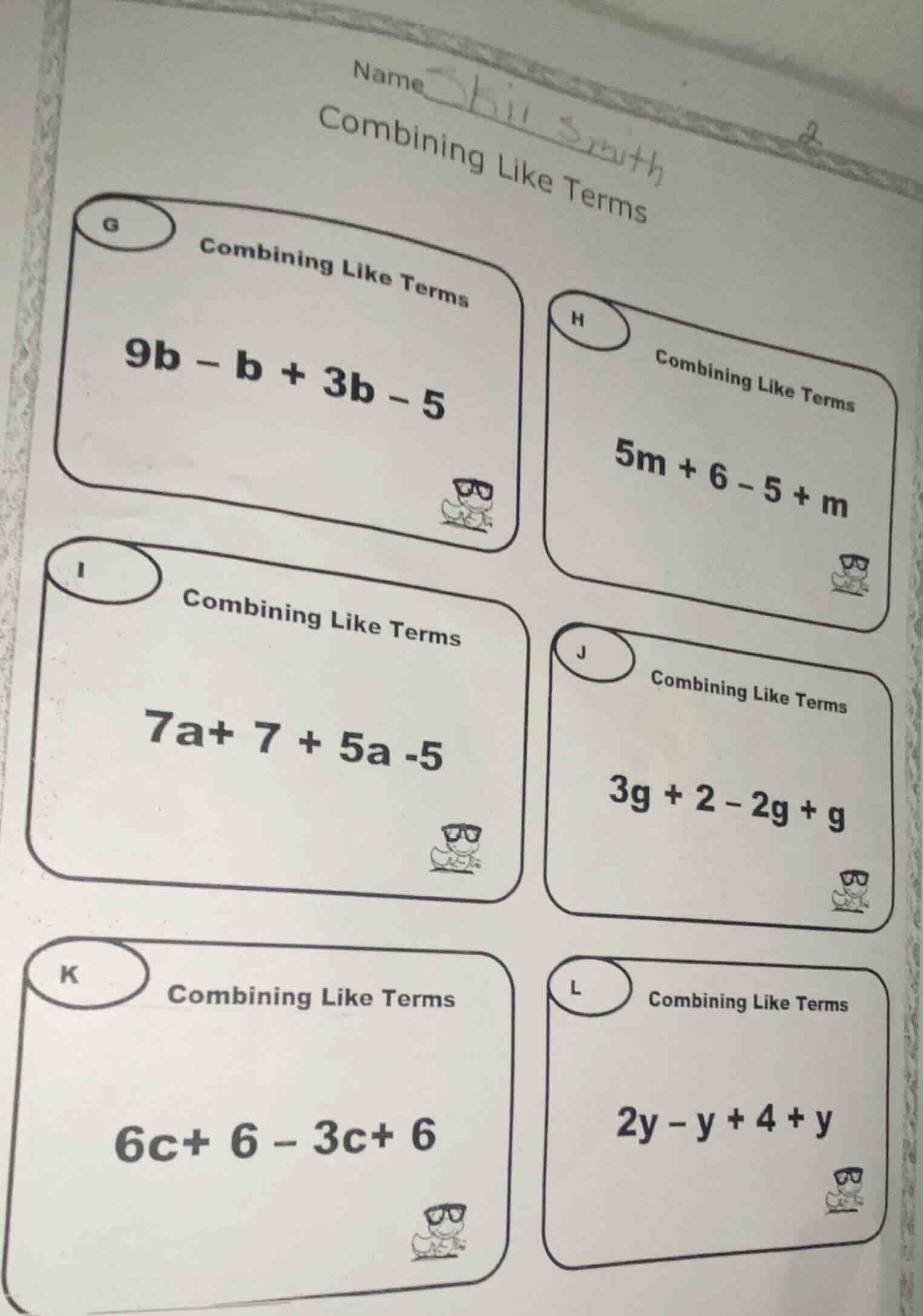 name combining like terms g combining like terms 9b - b + 3b - 5 h comb…