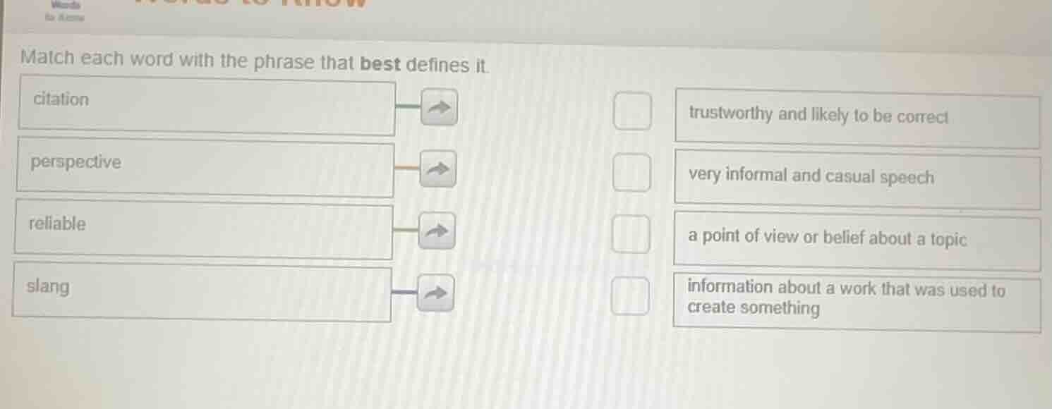 match each word with the phrase that best defines it. citation perspect…