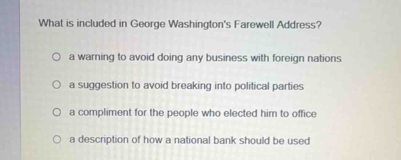 what is included in george washingtons farewell address? ○ a warning to…