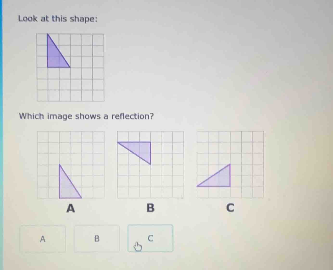 look at this shape: image of a purple right triangle on a grid which im…