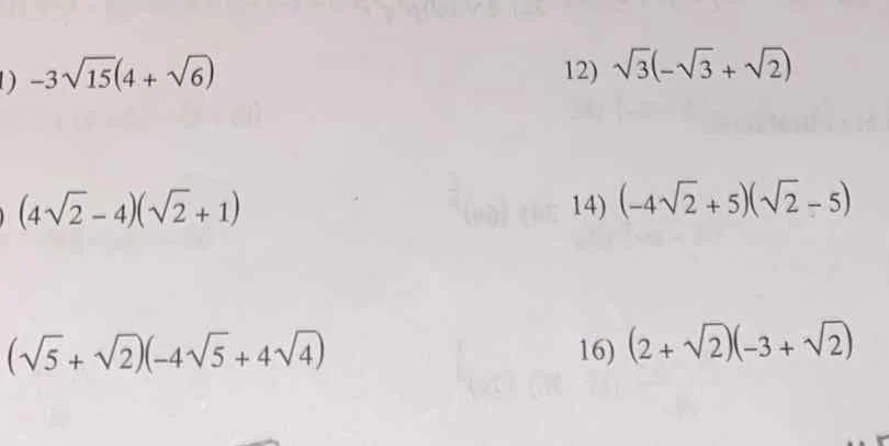 1) $-3sqrt{15}(4 + sqrt{6})$ 12) $sqrt{3}(-sqrt{3} + sqrt{2})$ \\(4sqrt…
