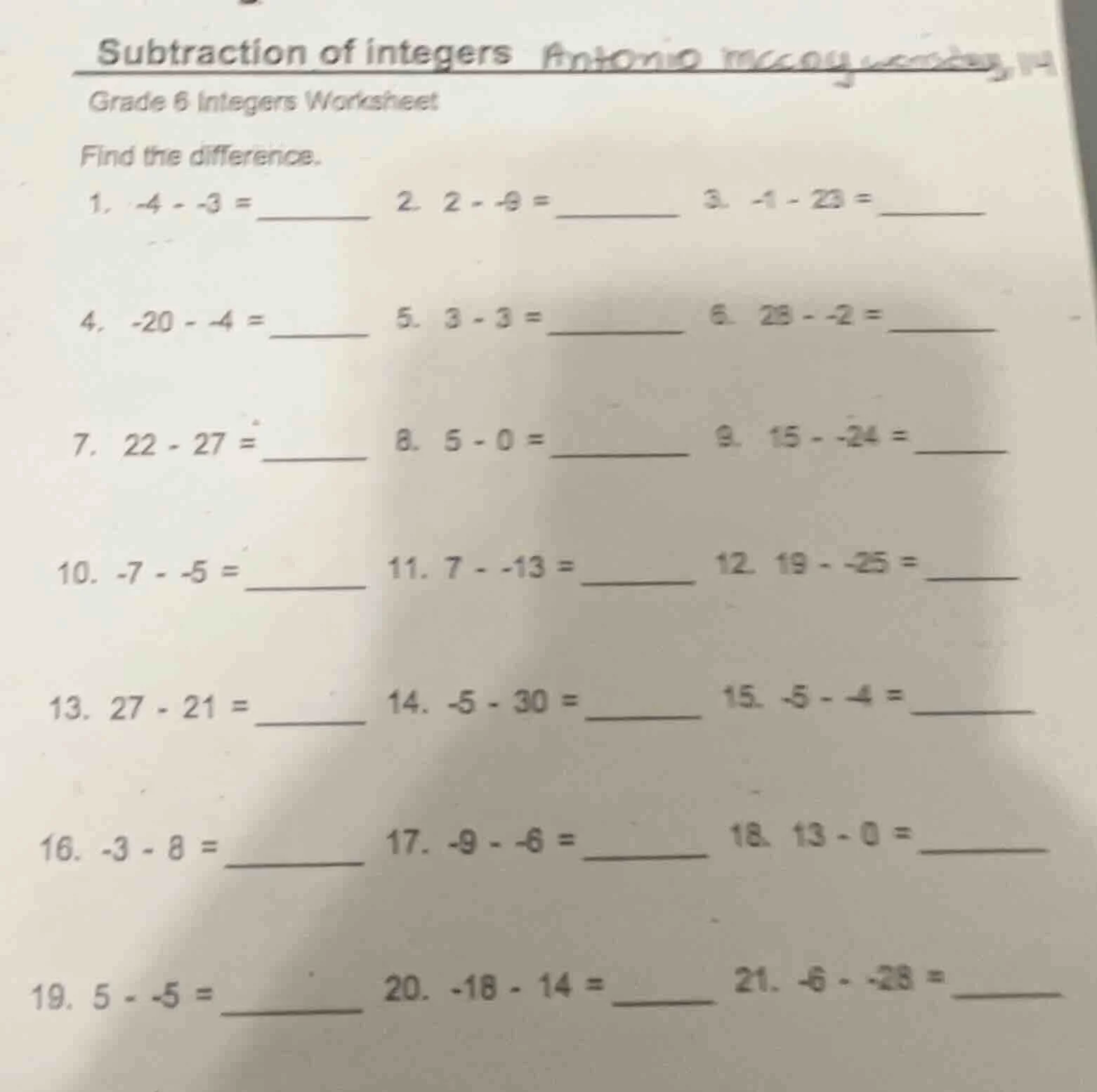 subtraction of integers grade 6 integers worksheet find the difference.…