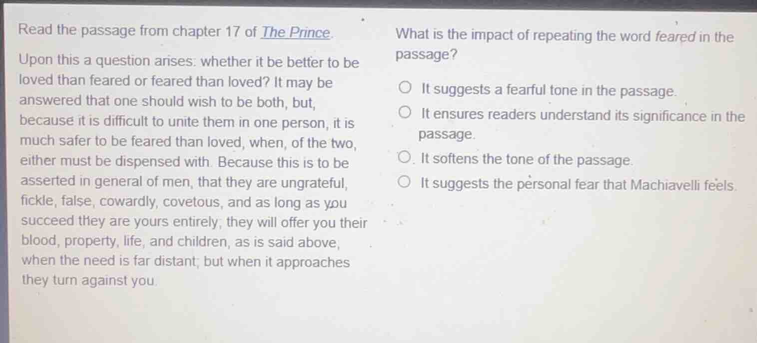 read the passage from chapter 17 of the prince. upon this a question ar…