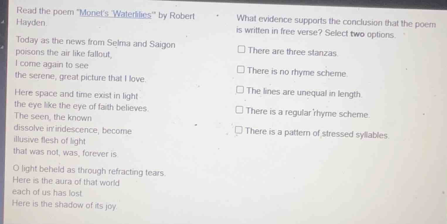 read the poem \monets waterlilies\ by robert hayden. today as the news …