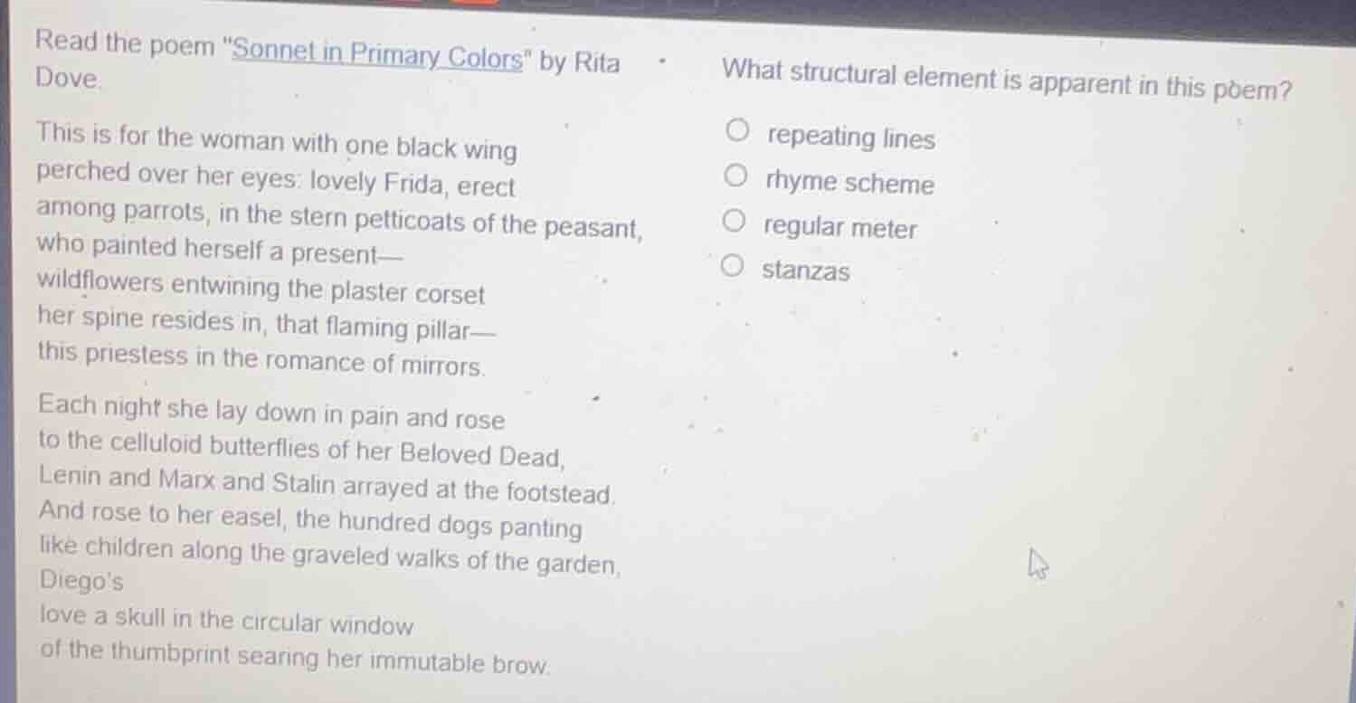 read the poem \sonnet in primary colors\ by rita dove. this is for the …