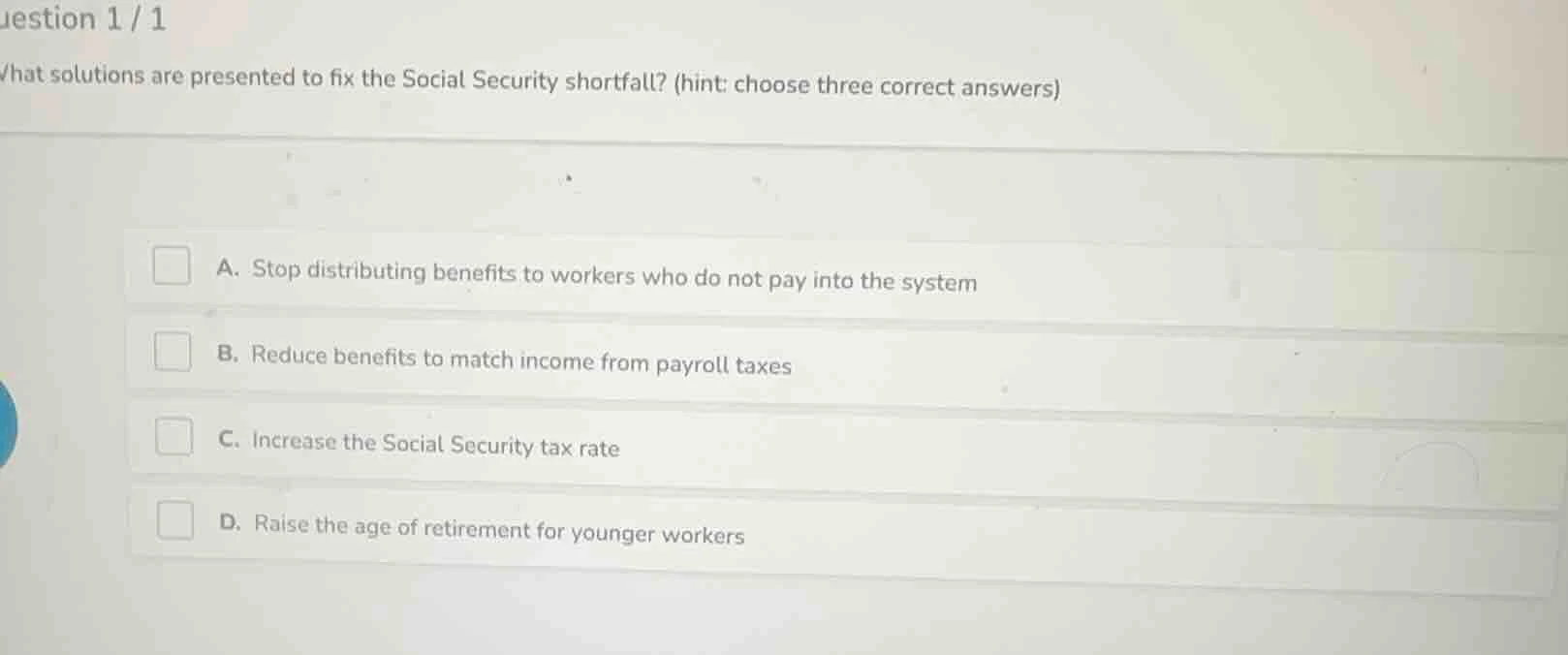 question 1 / 1 what solutions are presented to fix the social security …