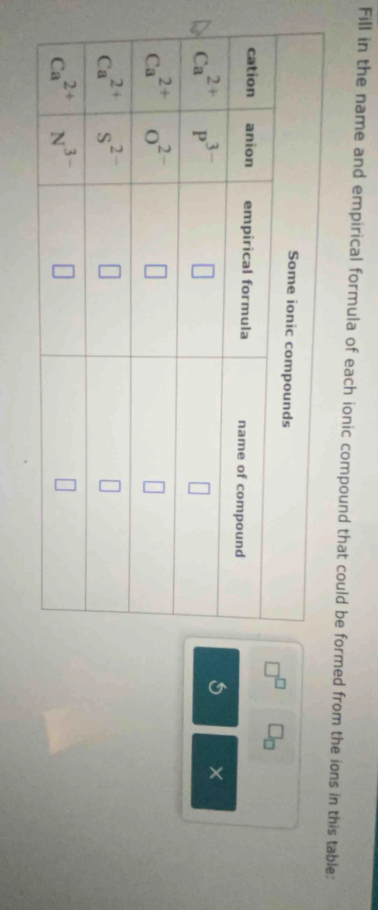 fill in the name and empirical formula of each ionic compound that coul…