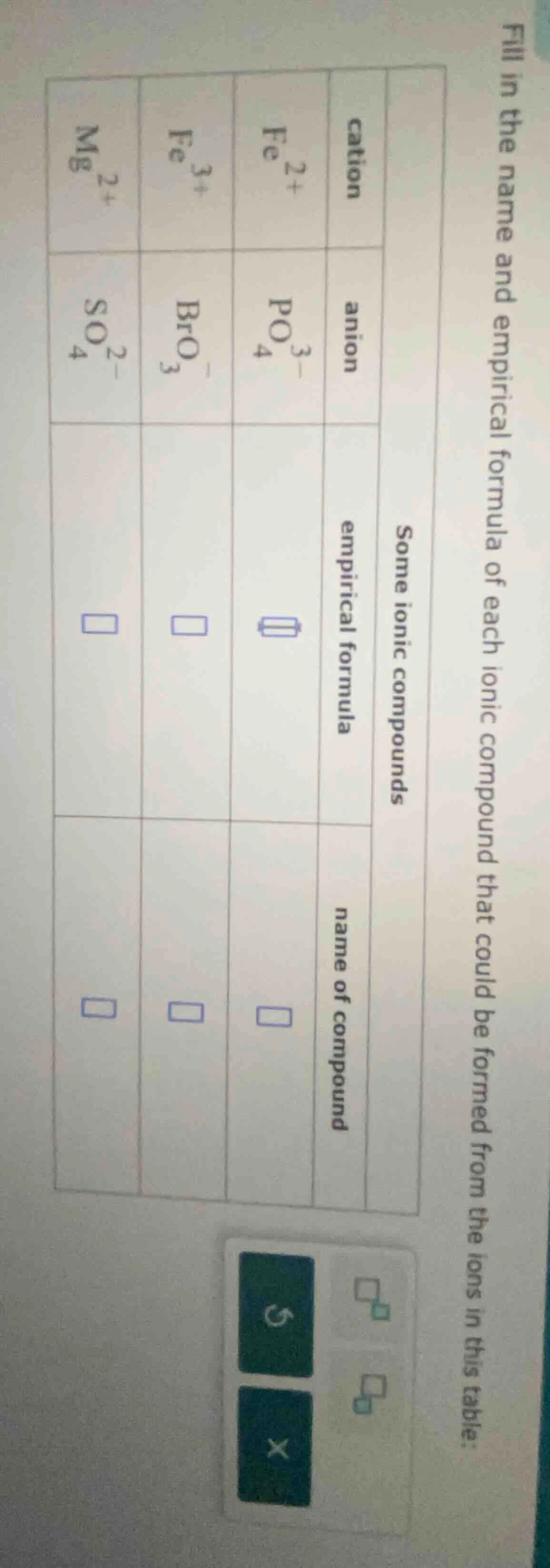 fill in the name and empirical formula of each ionic compound that coul…