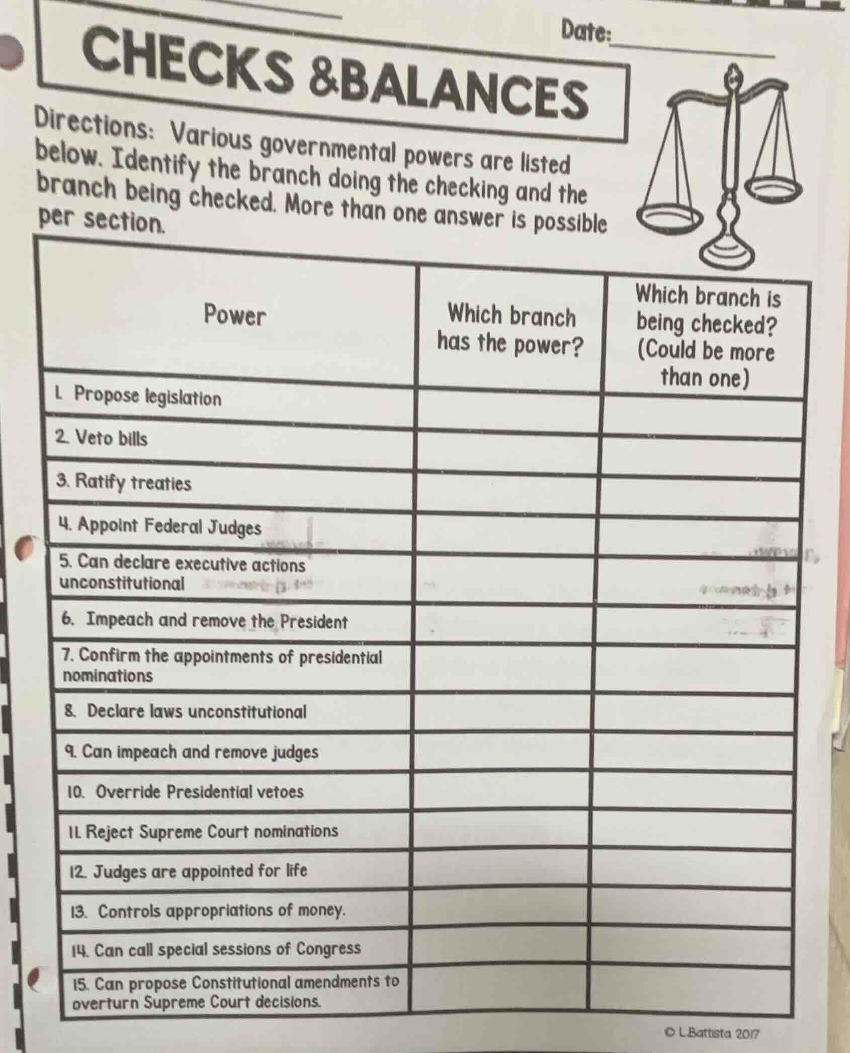 checks & balances date: directions: various governmental powers are lis…