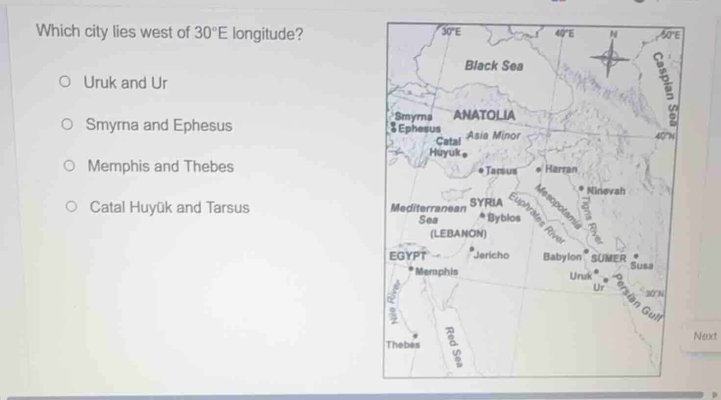 which city lies west of 30°e longitude? unuk and ur smyrna and ephesus …
