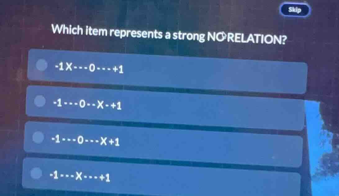 which item represents a strong no relation? -1x---0---+1 -1---0--x-+1 -…