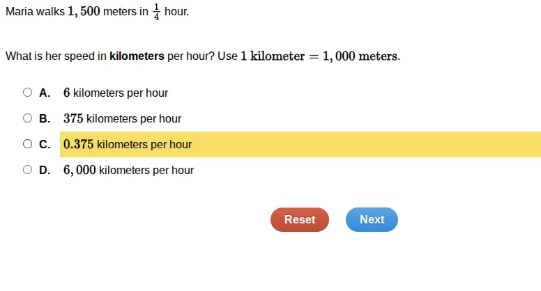 maria walks 1,500 meters in \\(\\frac{1}{4}\\) hour. what is her speed …