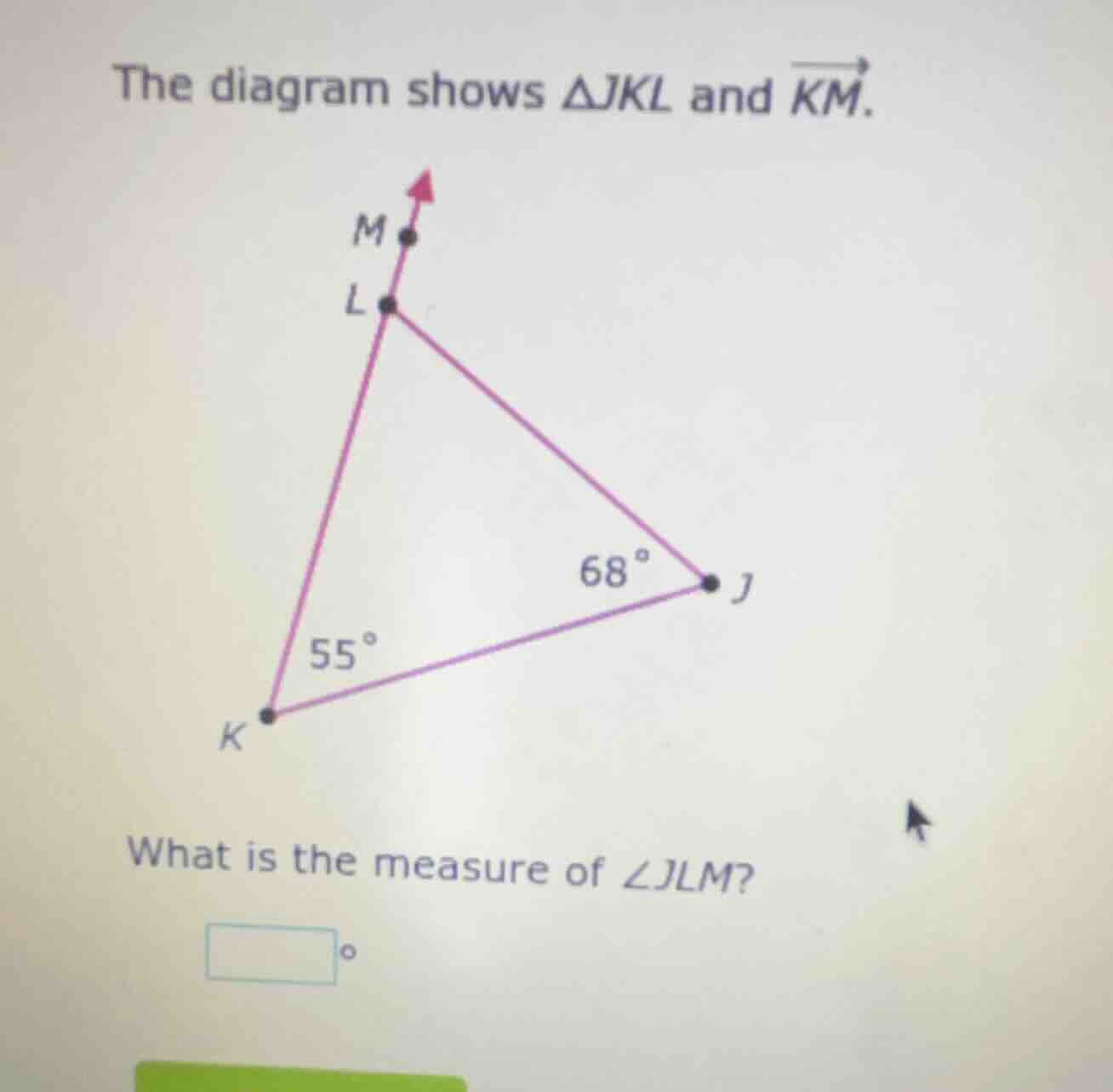 the diagram shows $\\triangle jkl$ and $\\overrightarrow{km}$. what is …