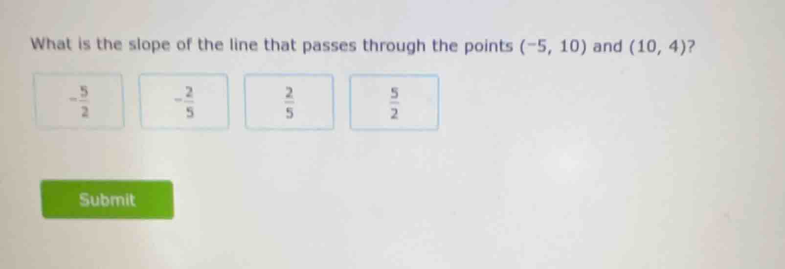 what is the slope of the line that passes through the points (-5, 10) a…