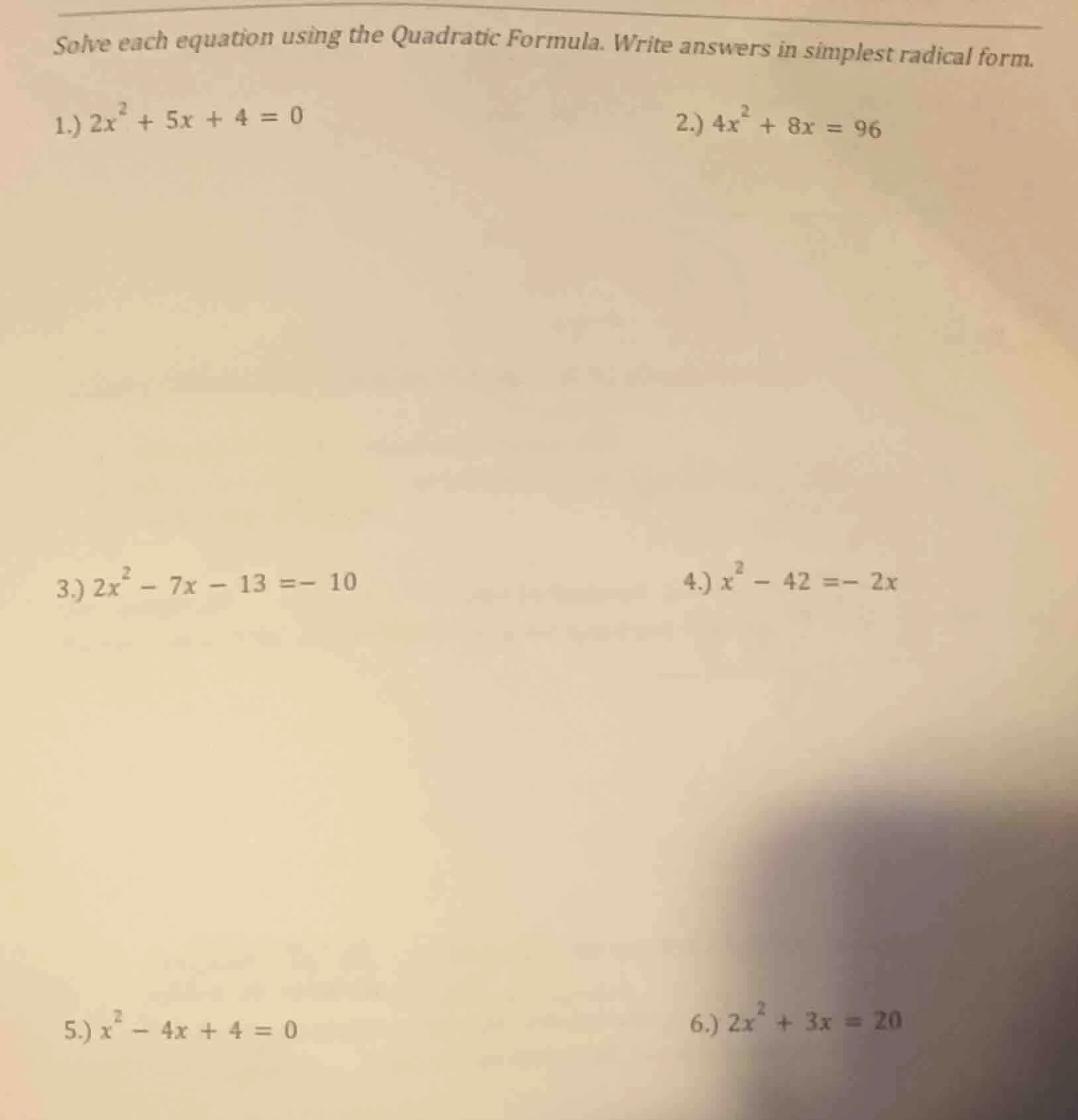 solve each equation using the quadratic formula. write answers in simpl…