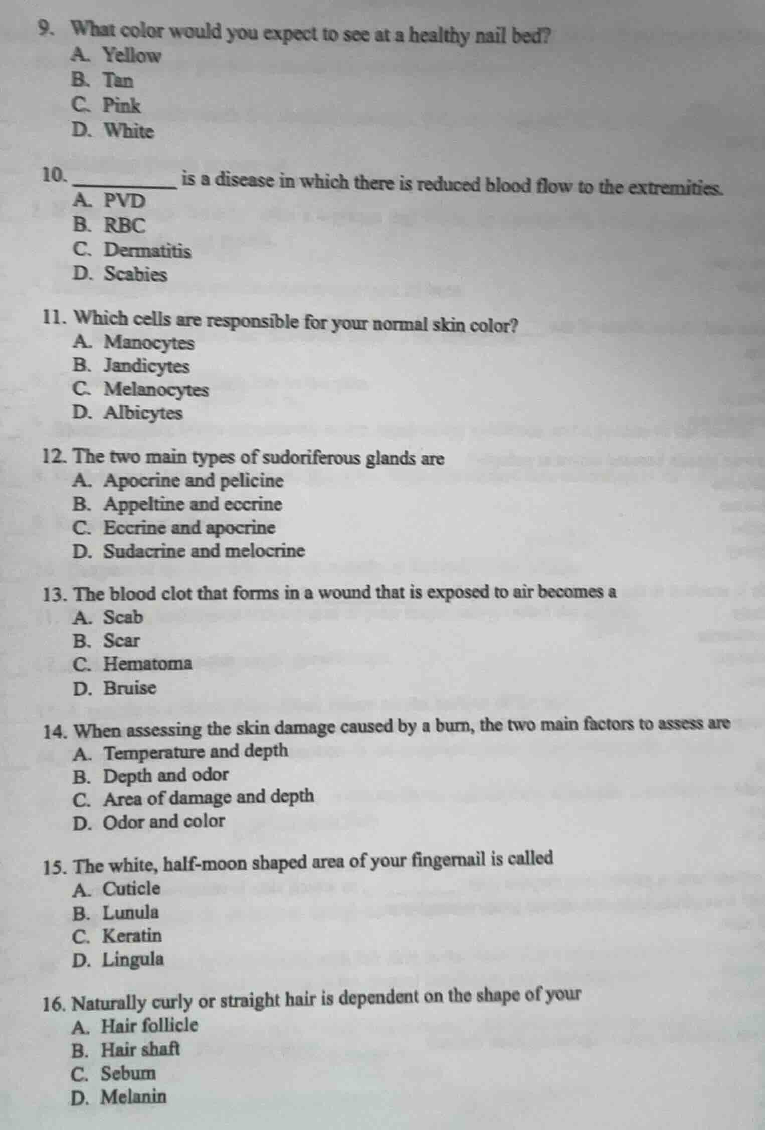 9. what color would you expect to see at a healthy nail bed? a. yellow …
