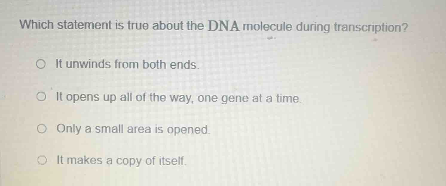 which statement is true about the dna molecule during transcription? it…
