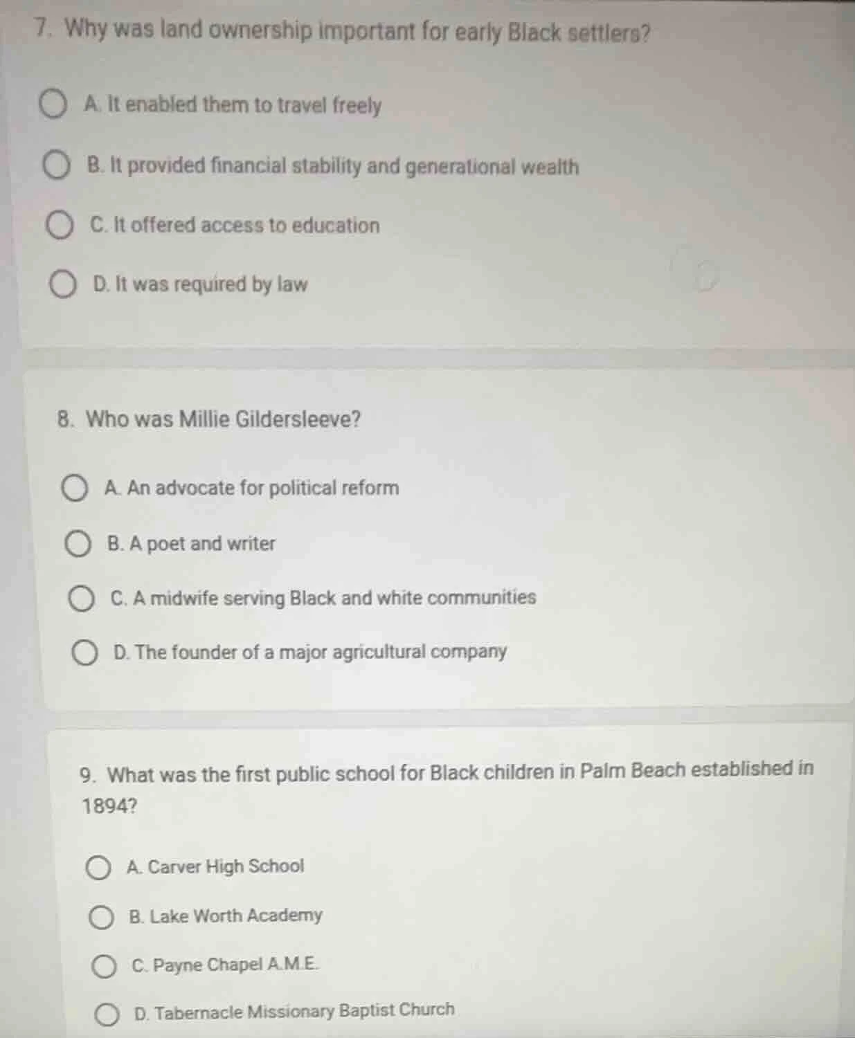 7. why was land ownership important for early black settlers? a. it ena…
