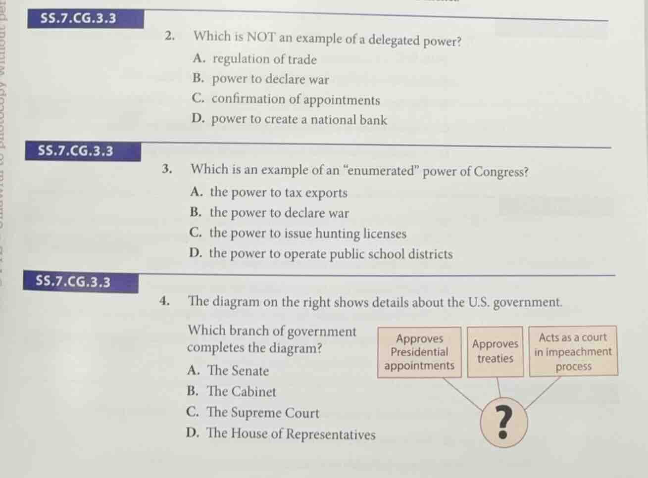 ss.7.cg.3.3 2. which is not an example of a delegated power? a. regulat…