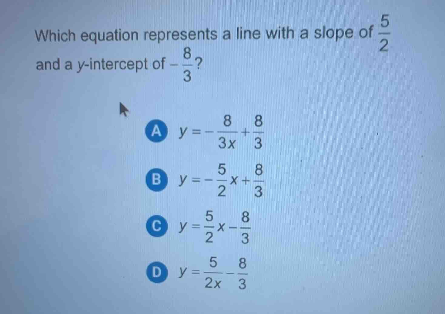 which equation represents a line with a slope of \\(\\frac{5}{2}\\) and…