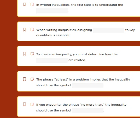 in writing inequalities, the first step is to understand the ______. wh…