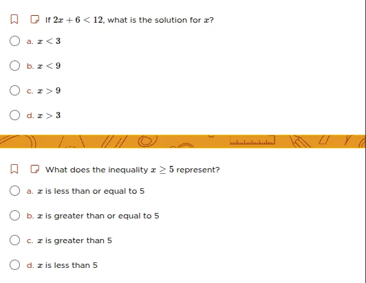 if $2x + 6 < 12$, what is the solution for $x$? a. $x < 3$ b. $x < 9$ c…