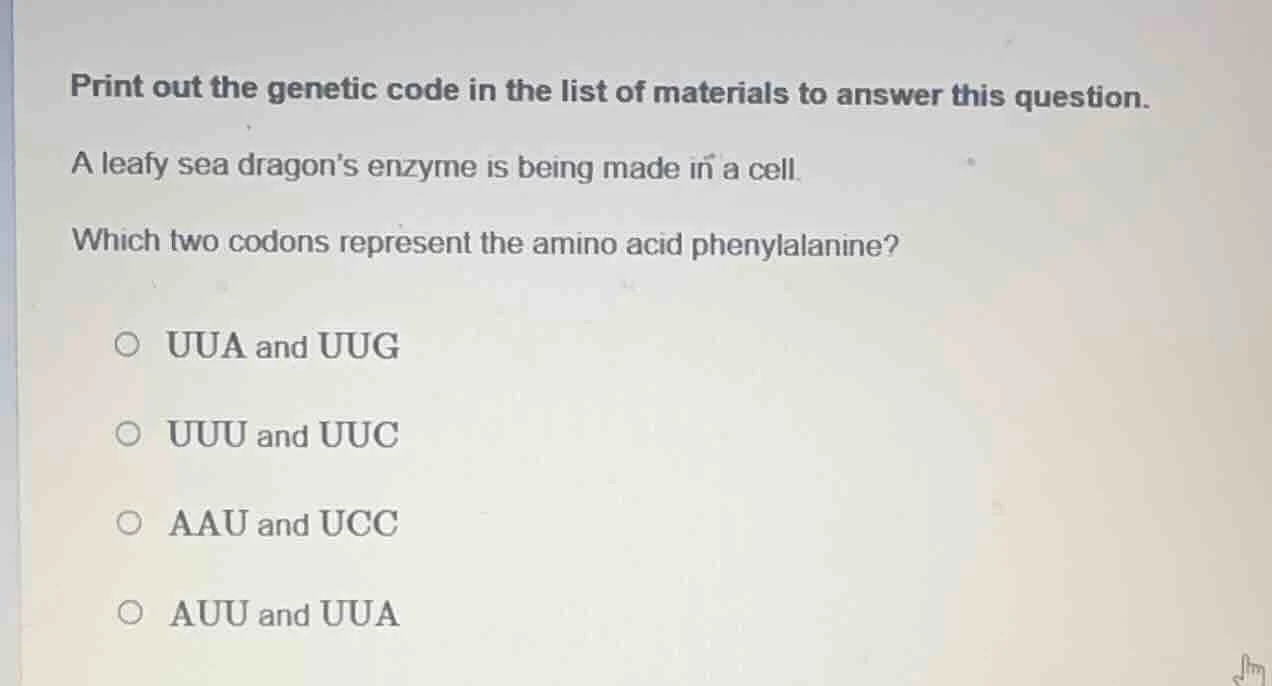 print out the genetic code in the list of materials to answer this ques…