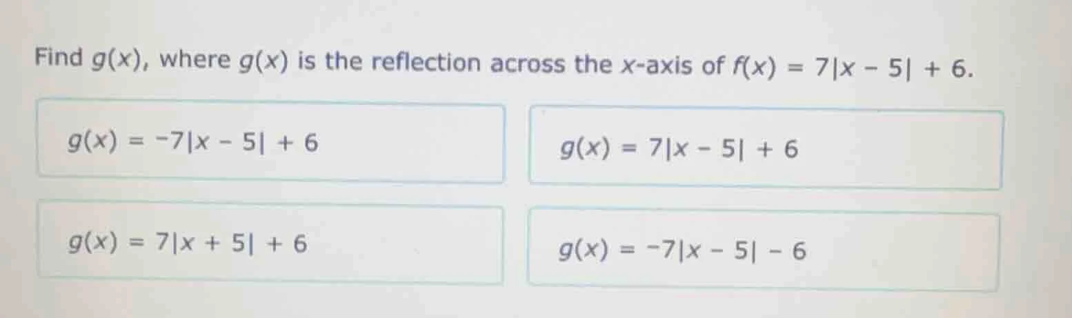 find g(x), where g(x) is the reflection across the x-axis of f(x) = 7|x…