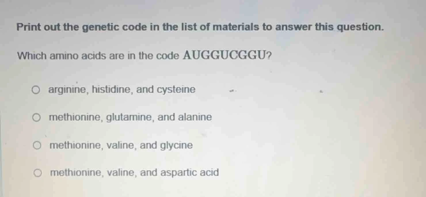 print out the genetic code in the list of materials to answer this ques…