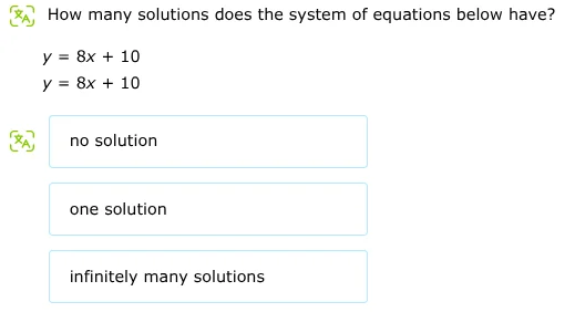 how many solutions does the system of equations below have? y = 8x + 10…