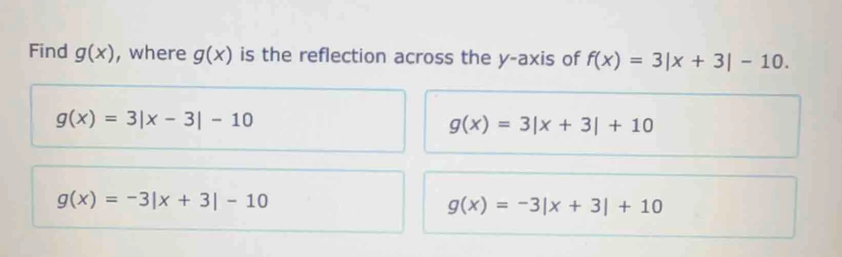 find g(x), where g(x) is the reflection across the y-axis of f(x) = 3|x…
