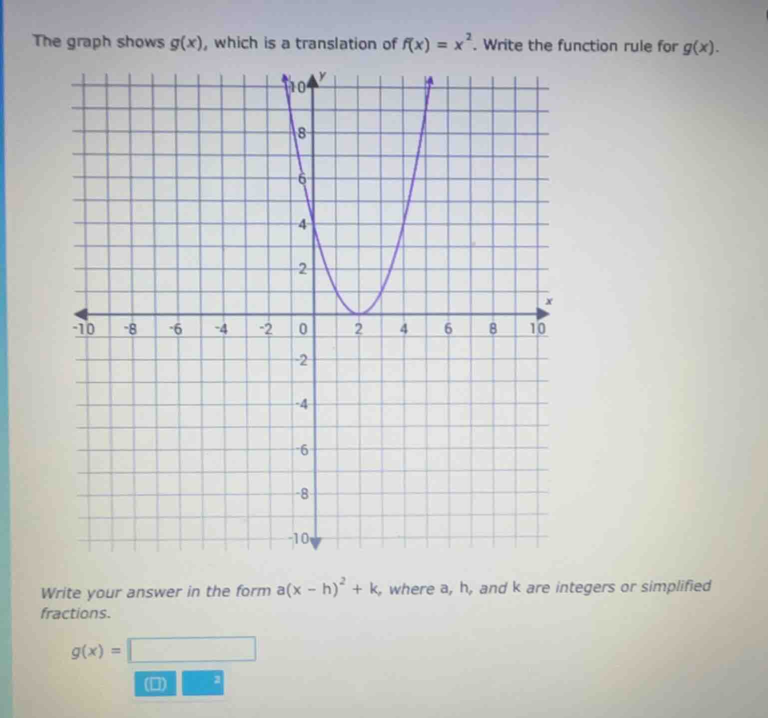 the graph shows $g(x)$, which is a translation of $f(x) = x^2$. write t…