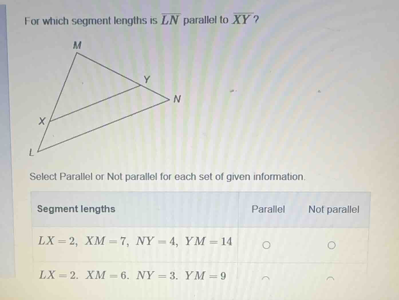 for which segment lengths is \\(\\overline{ln}\\) parallel to \\(\\over…