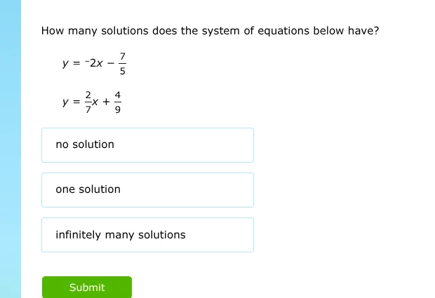 how many solutions does the system of equations below have? $y = -2x - …