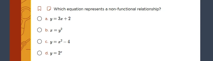 which equation represents a non - functional relationship? a. $y = 3x +…