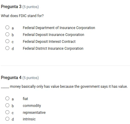 pregunta 3 (5 puntos) what does fdic stand for? ○ a federal department …