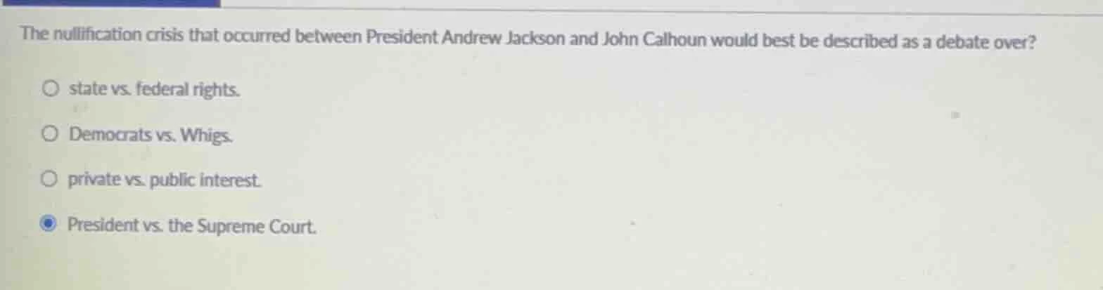 the nullification crisis that occurred between president andrew jackson…