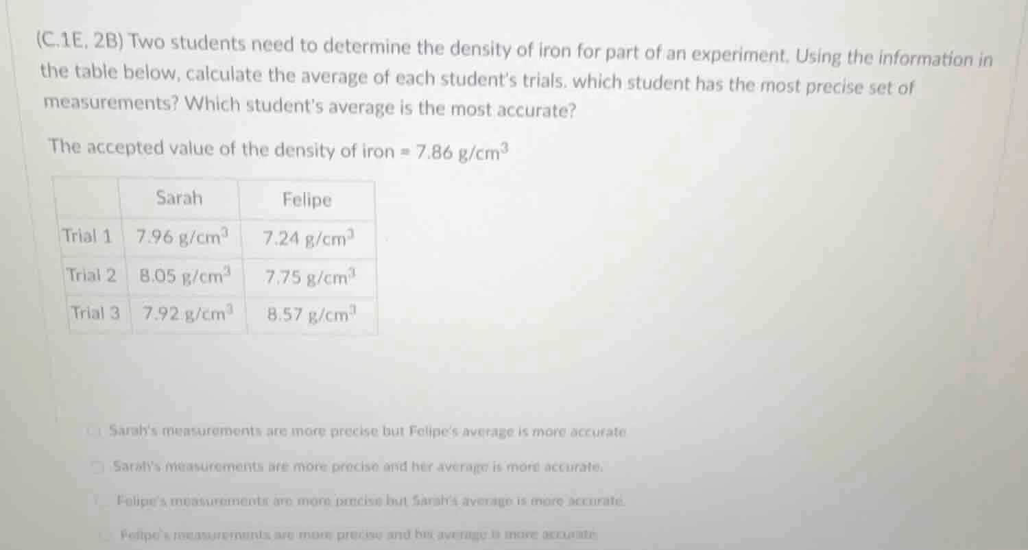 (c.1e, 2b) two students need to determine the density of iron for part …