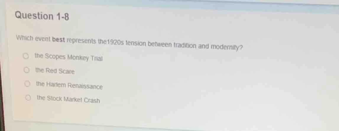question 1-8 which event best represents the 1920s tension between trad…