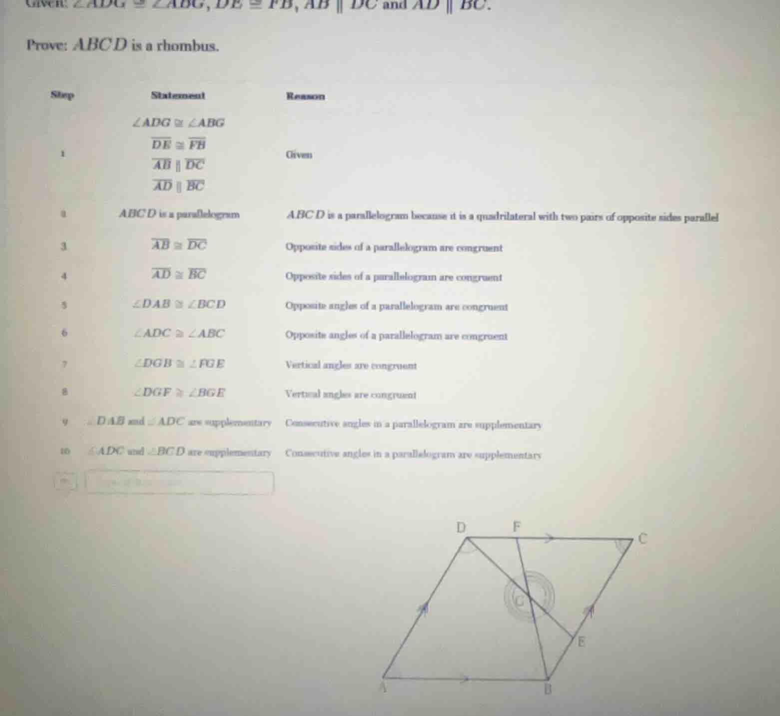 given: $\\angle adg \\cong \\angle abg$, $de \\cong fb$, $ab \\parallel…