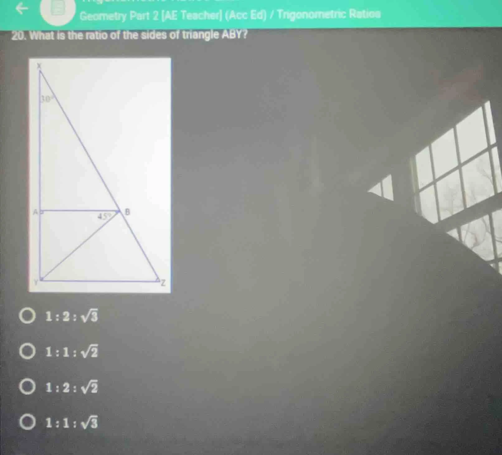 20. what is the ratio of the sides of triangle aby? options: 1:2:√3 1:1…