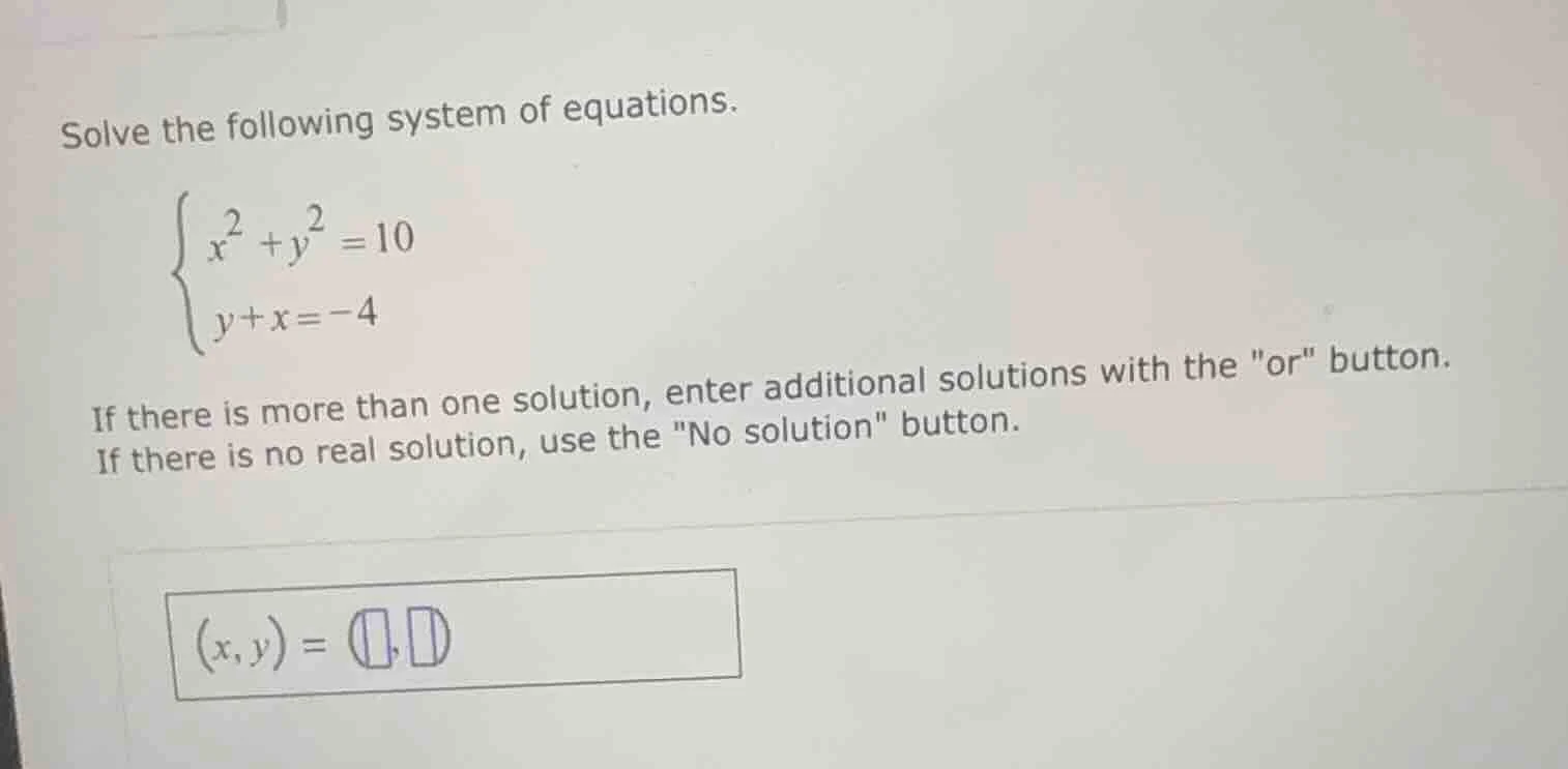 solve the following system of equations.\\(\\begin{cases}x^2 + y^2 = 10…