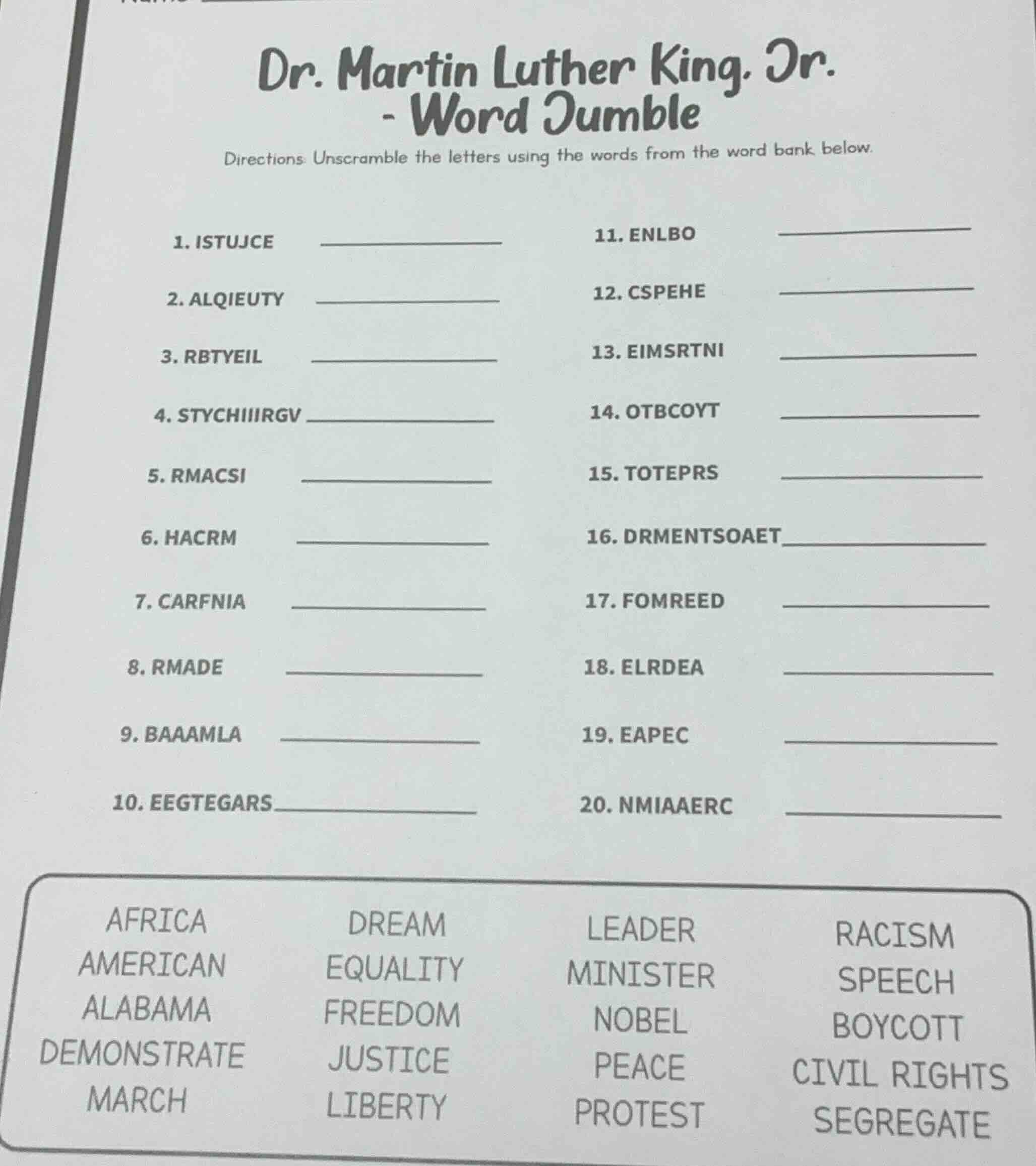 dr. martin luther king, jr. - word jumble directions: unscramble the le…