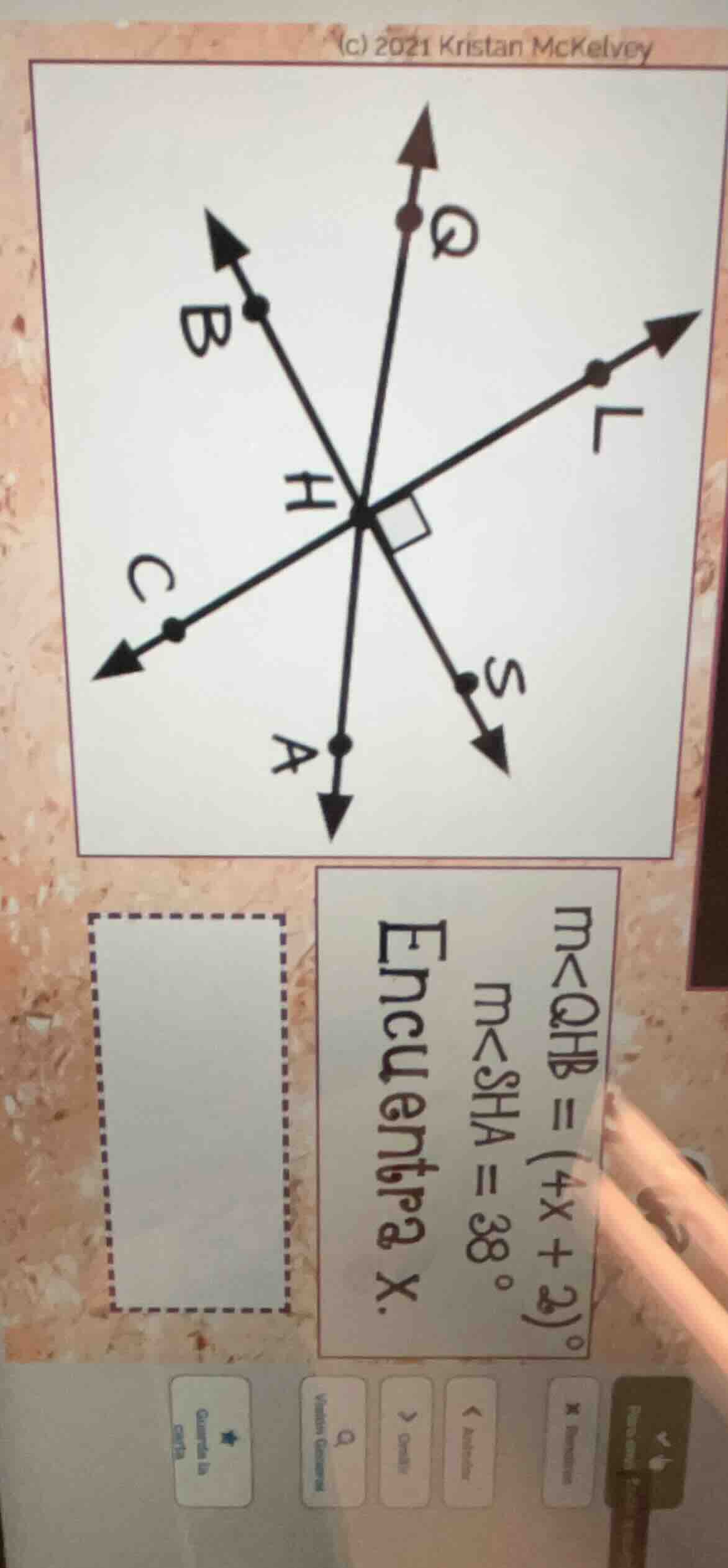m∠qhb = (4x + 2)° m∠sha = 38° encuentra x.