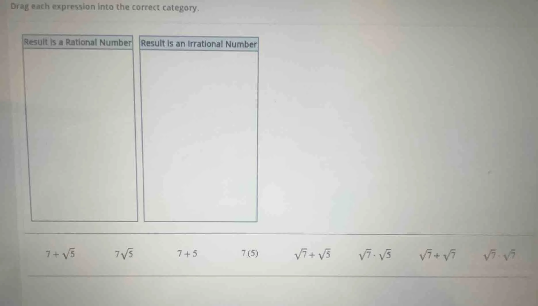 drag each expression into the correct category. result is a rational nu…